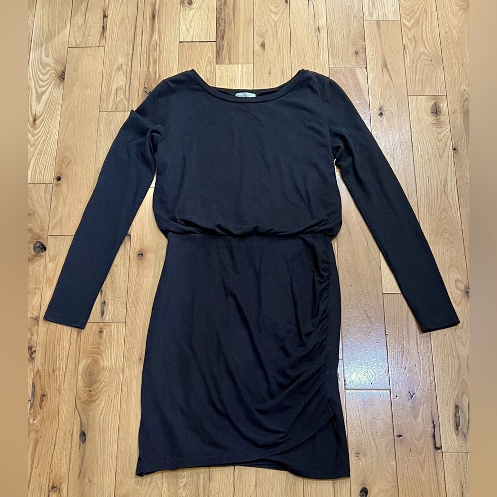 Leith Blouson Ruched Bodycon Long Sleeve Black Jersey Dress Women's Size S
